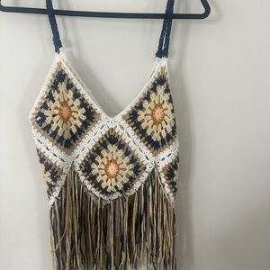 Rebellion Crochet Top with Fringe in Cream, Navy, and Tan